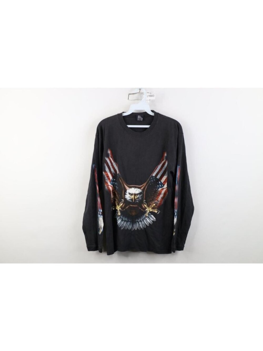 Vintage 90s Y2K Streetwear Mens Medium Faded USA Flag Eagle Long Sleeve T-Shirt
